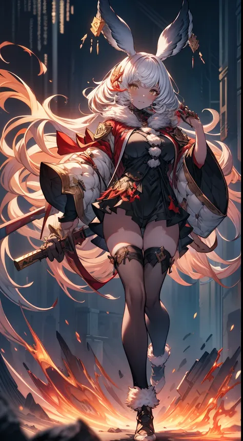 Fullbody, feet, standind, foot silver goddess in flame-red pleated skinny cloth with golden lines accents, long sleeves, fireball, satin, fur, (stockings), decollete, natural breasts, slim body, big weapons, ((rune lines on skin)), zettai ryouiki, medium l...