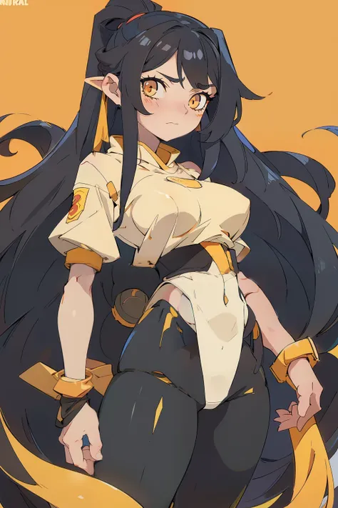 long hair long hair long hair long hair long hair black hair yellow eyes pale skin muscular large breasts girl looking at viewer sad