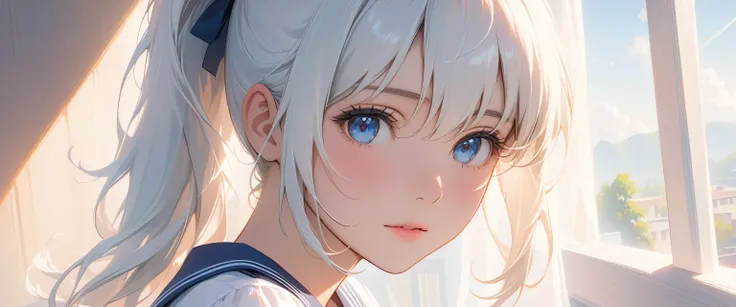 masterpiece, top quality, Super details, 8K, Detail lights, Detailed shadows, raw, (delicate skin), (real: 1.2),, 1 girl, white hair,side ponytail， short sleeve school uniform，Eye close-up，in the school，flat chest，