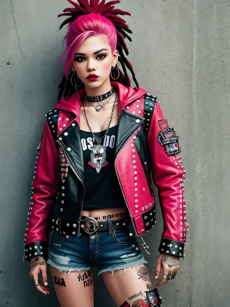 A punk rock version of Little Red Riding Hood, de 14 anos, dressed in a rebellious fusion of bold fashions (standing: 1.2), capa vermelha com capuz com detalhes rasgados de rede de peixe, adorned with punk-inspired stickers and pins. Brincos de septo, mais...