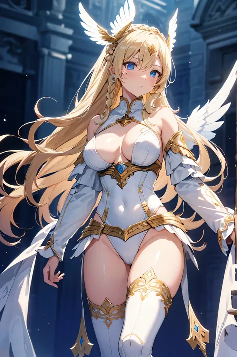 4k,High resolution,one woman,blonde,long hair,Braid,blue eyes,big breasts,Valkyrie,White sacred leotard armor,High leg,Winged headgear,jewelry decoration,Holy Sword,temple in the sky