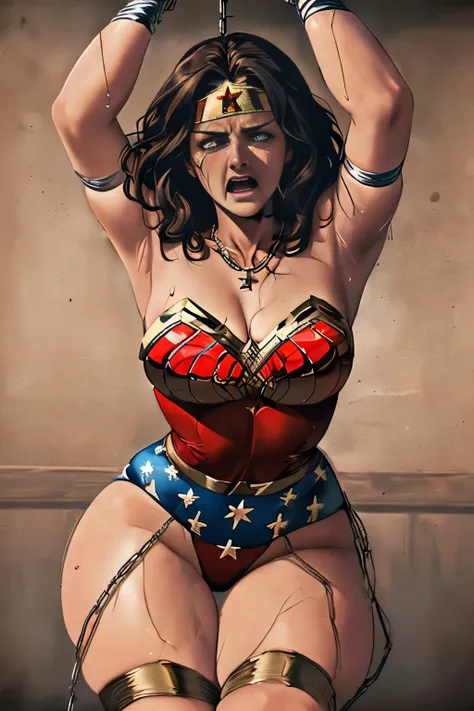 ((Wonderwoman, numa cela de pedras, roupas rasgadas, meias rasgadas)) ,((SUPERHEROINE mulher maravilha IS A FILTHY OLD WHORE)), ((emotional expression,expression of pain and despair, gritando de dor, expression of suffering, olhos arregalados)),(Wonder Wom...