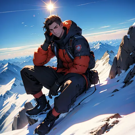 Man sitting at the peak of mount eveverest staring into the sun 