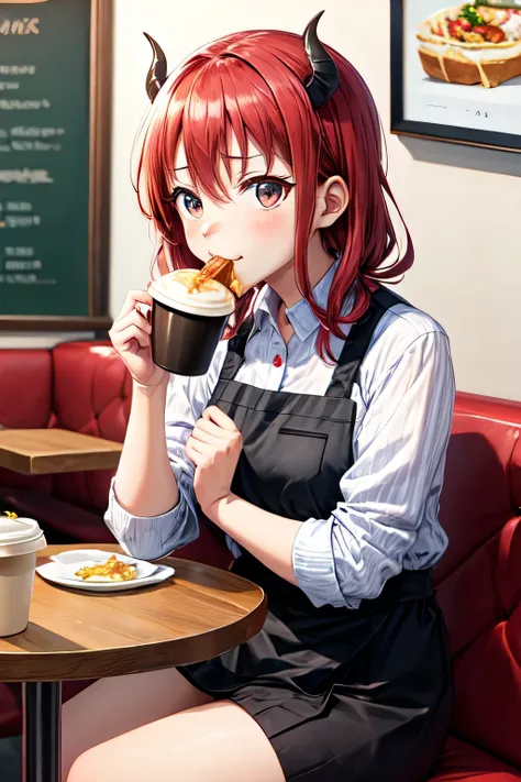 Satanichia Mcdowell dressed casually wearing eating in a food restaurant having coffee with vignette