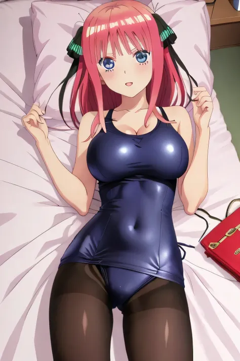 best quality, ultra-detailed masterpiece, anime art style, cute characters, nino nakano, one-piece swimsuit, large breasts, pantyhose, bed room