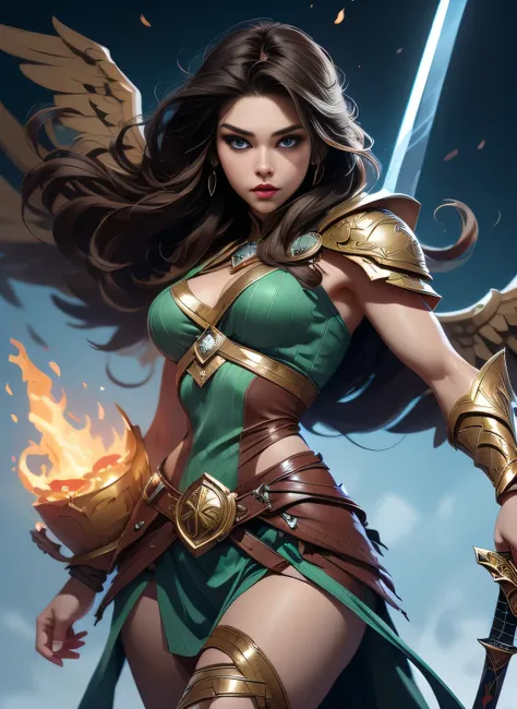 Alison Tyler as a Asgard valkyrie，blue eyes, long brown hair, perfect body, Senhora Cavaleiro，Anatomia correta，holding a magical big sword, epic fantasy digital art, masterpiece，8k，high-definition resolution，desenho detalhado，Qualidade Superior，, Epic comp...