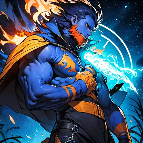 A character covered by outer space with multiple stars. Um ser coberto de uma aura azul escura. As if he were a universal hero. He looks like a monster