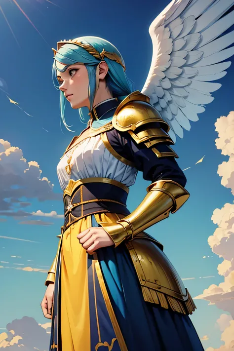 Anjo com asas longas brancas e douradas, usando um manto, Flying position, capuz, azul gelo, Golden sky with white clouds, Paramentos sagrados, Landscape, gothic armor, Angel with mm Aurelia