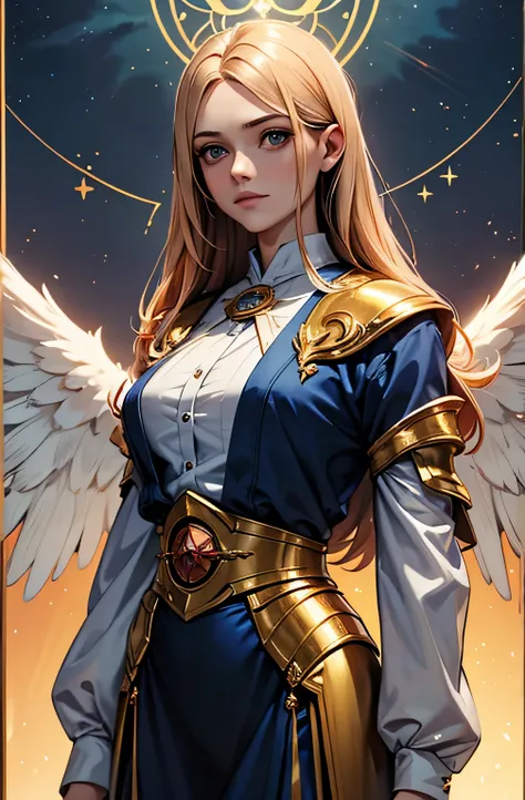 An angel wearing clothes in the petrol color, cloudy sky, nouveau, manto, capuz, luz solar, Golden armor and petrol color, magnifica, lindo, magica, celestial, cabelo longo, moldura de quadro.