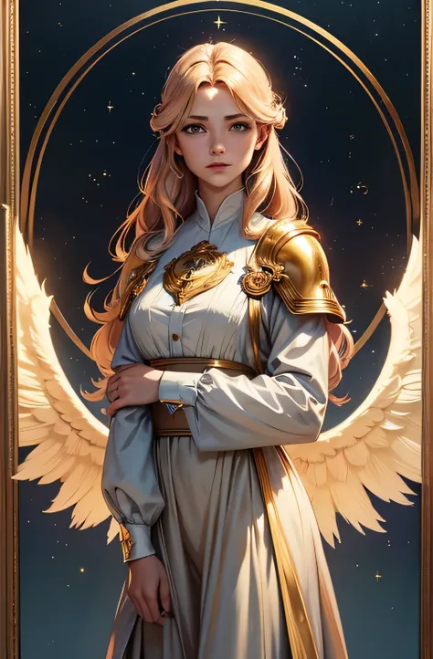 An angel wearing clothes in the petrol color, cloudy sky, nouveau, manto, capuz, luz solar, Golden armor and petrol color, magnifica, lindo, magica, celestial, cabelo longo, moldura de quadro.