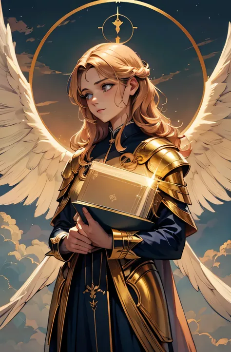 An angel wearing clothes in the petrol color, cloudy sky, nouveau, manto, capuz, luz solar, Golden armor and petrol color, magnifica, lindo, magica, celestial, cabelo longo, moldura de quadro.