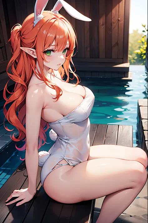 Realistic image, detailed image, coherent image. 1 beautiful elf. dressed in a wet towel. She has long, curly orange hair, styled up. Green eyes with long eyelashes. Sensual expression. She has rabbit ears and tail. She has a curvy body, medium breasts, th...