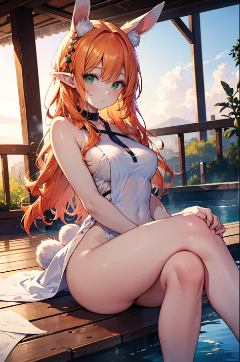 Realistic image, detailed image, coherent image. 1 beautiful elf. dressed in a wet towel. She has long, curly orange hair, styled up. Green eyes with long eyelashes. Sensual expression. She has rabbit ears and tail. She has a curvy body, medium breasts, th...