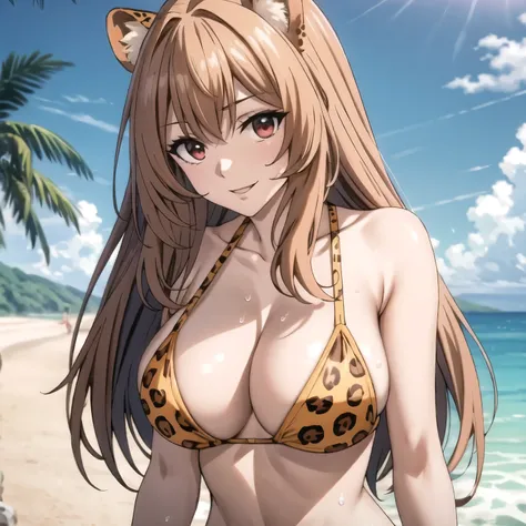 Raphtalia atractiva mujer. orejas de oso, cabello rubio, brillante, red eyes like rubies, sonrisa boca abierta, rubor, pechos grandes,  orange bikini with leopard design, accesorios,  walking in front of the camera .fondo playa, gotas de agua en su pecho. ...