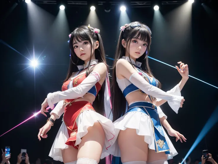 2 beauties、21 years old、 japanese id,Performing on live stage、 personal、Very stylish and cute、Colorful and transparent stage costumes、Show your face well、(((具体的でdetailed顔)))、Flashy stage lighting、Flying laser illumination、CG projected on LED screen、(非常にdet...