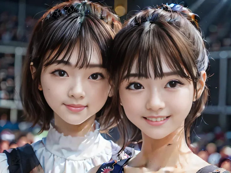 2 beauties、21 years old、 japanese id,Performing on live stage、 personal、Very stylish and cute、Colorful and transparent stage costumes、Show your face well、(((Specific and detailed face)))、Flashy stage lighting、Flying laser illumination、CG projected on LED s...