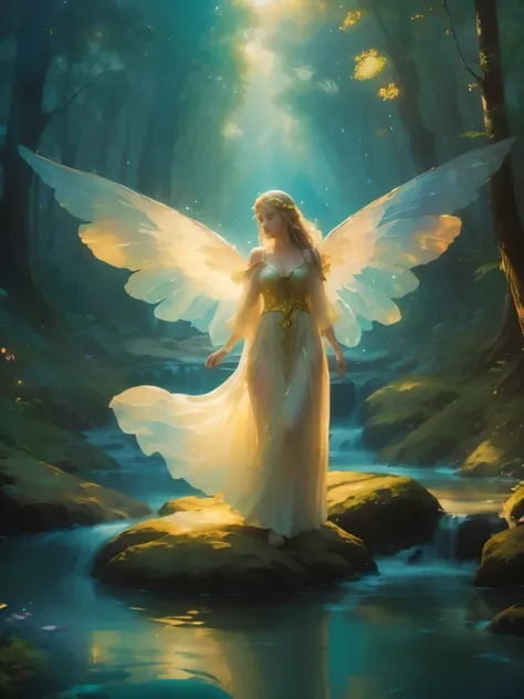 "((enchanting)) forest scene, ethereal girl with ((translucent wings)), bubbling creek, magical, surreal, golden hour, ((dreamli...