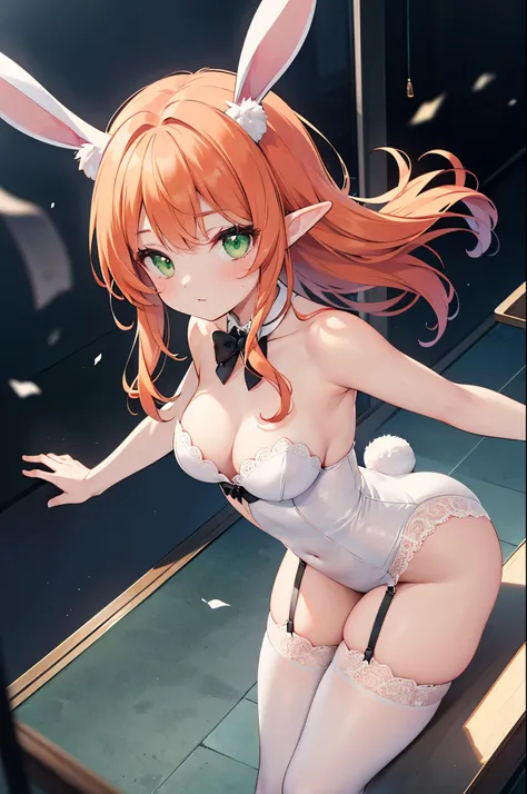 Realistic image, detailed image, coherent image. 1 beautiful elf. dressed in a babydoll with garter belts. She has long, curly orange hair, styled up. Green eyes with long eyelashes. Sensual expression. She has rabbit ears and tail. She has a curvy body, m...