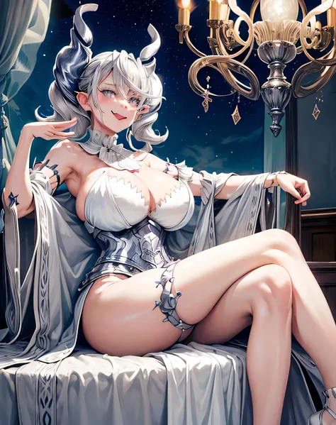 1girl, labrynth, silver hair, grey eyes, large breasts, full body, exposed thighs, exposed armpit, horns, cleavage, white dress, Ornate, eye details, laughing, night, moon, ivory, exquisite, chandelier, smug, hand over mouth,
white interior, (crossed legs ...