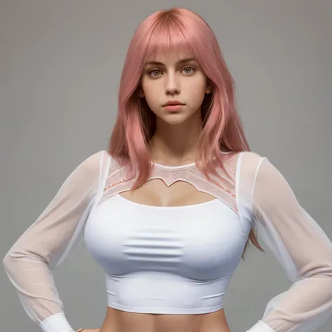 Joven rusa , caucasian skin, 20 years, perfect symmetrical model face, flaca, cuerpo entero, tetas grandes, curvas, blusa transparente ajustada de color rosado