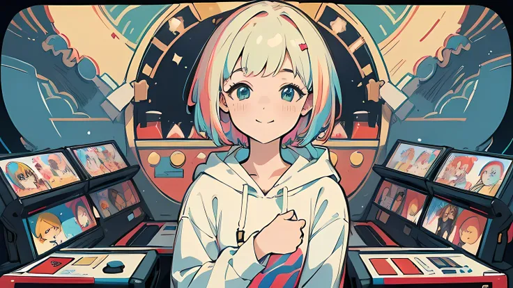 (best quality,4k,8k,highres,masterpiece:1.2), ultra-detailed, realistic:1.37, perfect face, short bang hair, cute girl in arcade game center, hoodie and skirt, lightly smiled face, portraits, colorful, vibrant lights
