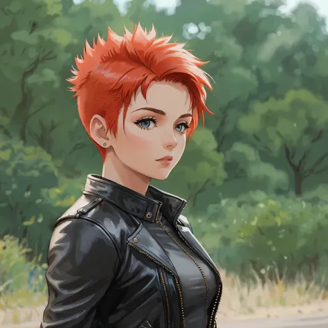 a woman, elsjn, redhead,(mohawk haircut:1.2), , leather jacket, posing, hdr, cinematic