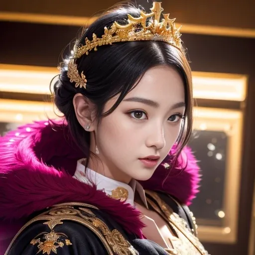 32k（masterpiece，HD，Ultra HD，16K）short black hair，vintage train in back room，Girl with black wine red hair ，golden dragon （realistically：1.4），Python Robe，Purple pink tiara，snowflakes dancing，The background is very pure， high resolution， detail， RAW photos， ...