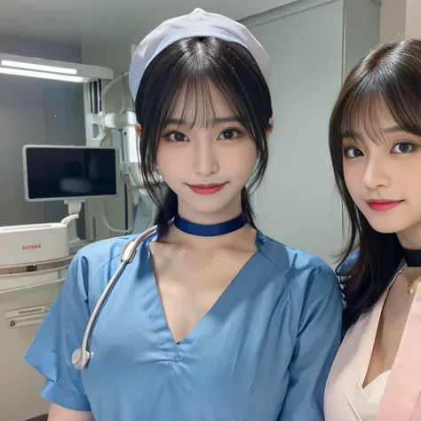 ((highest quality, 8K, Representative works in detail, ultra high resolution)), (middle shot:), 5 attractive medical staff women, 5 people, ((big breasts)), smile, ((black choker)), slim body shape, big breasts, blue color contacts, long eyelashes, bangs, ...