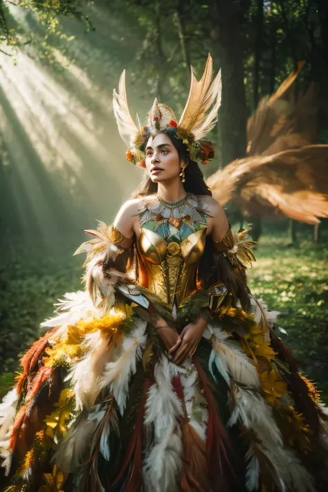 8K photorealistic render of a majestic forest queen wearing a dress made of feathers and leaves and a golden breastplate, detailed, vibrant colors, CINEMATIC LIGHTENING inspired by Remedios Varo, fairy and nymph imagery, and indigenous cultures