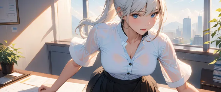 masterpiece, top quality, Super details, 8K, Detail lights, Detailed shadows, raw, (delicate skin), (real: 1.2),, 1 girl, white hair,high ponytail， （Sexy short-sleeved white shirt，standing collar，buttons），black skirt，office，cleavage，