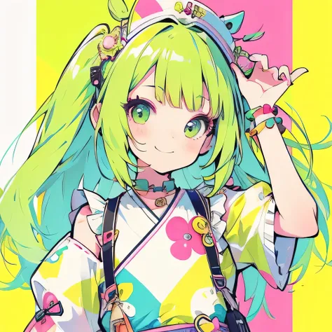 girly girl, happy, colorful, flat, harajuku, posing, green hair, innocent, smiling, beautiful, face focus, face close-up