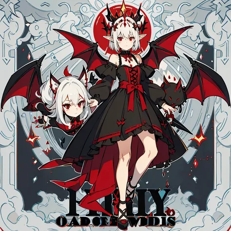 One full body with a gothic dress short white hair with long red nails red eyes a mole on each side of the Buchecha with two bat wings on the head and elf ears 