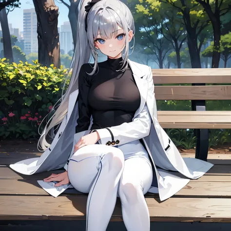 (masterpiece), best quality, expressive eyes, perfect face, teenager, medium breasts, excited face, smiling, dark silver hair, shiny hair, high ponytail with bangs, blue shiny eyes, white shirt, brown longcoat, black jeans, sitting on bench, beside viewer,...