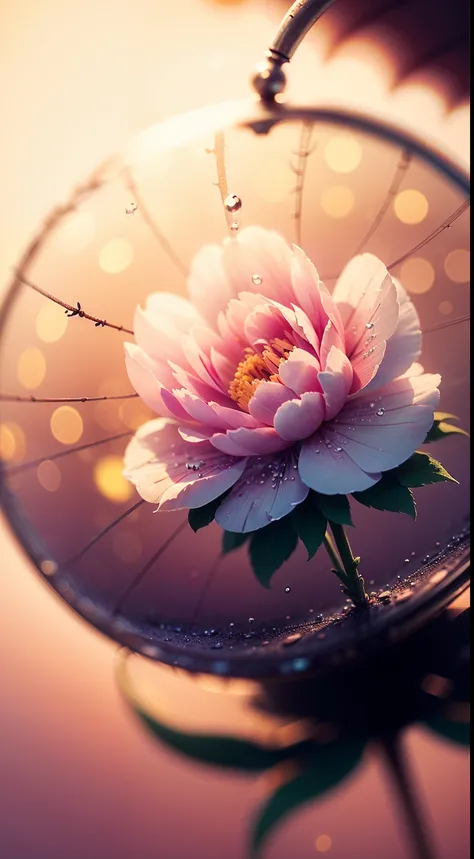 Divinely beautiful  microscopic world , Masterpiece , Macro photography , cobweb close up, film grain, chromatic aberration, neon bokeh , smoke , highly detailed, Bright sunny weather, microflowers, drops, blur, Peonies