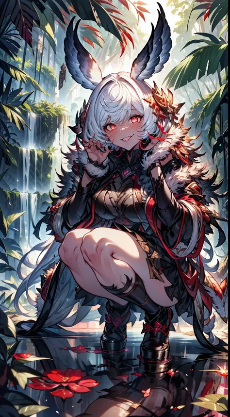 bunny ears, stabd up, feet, fullbody realistic photo of slaved (savage, tribal, jungle)_vampire with (white hair), bat fur, coat...