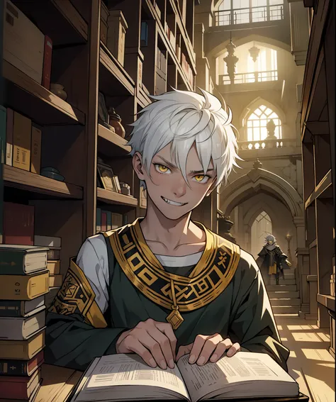 He is a 16 year old boy, they smile with evil, madness with mockery, white hair, yellow eyes.