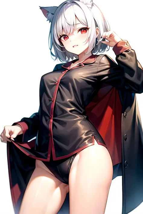 White hair, short hair, cat ears, sexy pajamas, red eyes, standing picture, white background