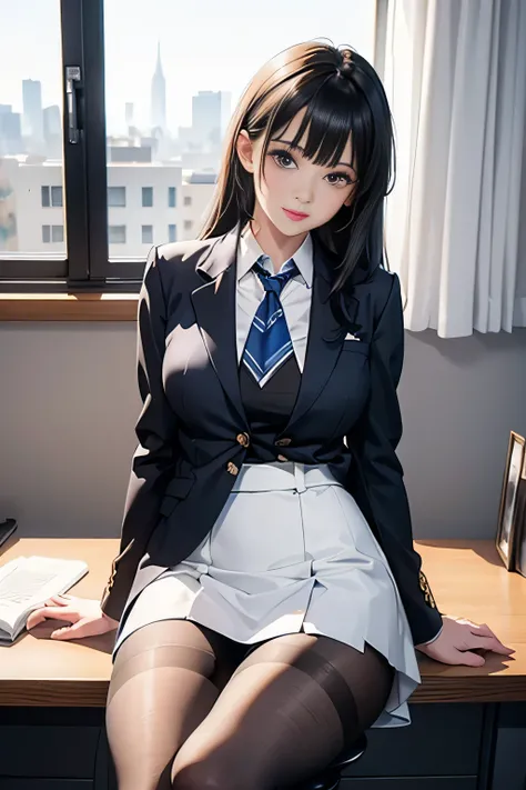 (Office girl suit,dark blue jacket,white blouse,dark blue skirt,black pantyhose over white panties),((1girl,cute,young,semi long beautiful black hair,blunt bangs,twin tales,beautiful eyes)),(solo),((masterpiece, highest resolution,best quality)), (beautifu...