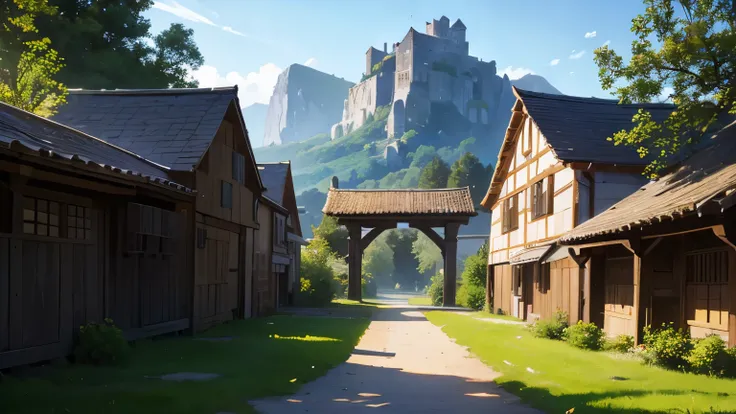 a log gate of an open village, seen from an inside perspective. (aldea medieval estilo anime)