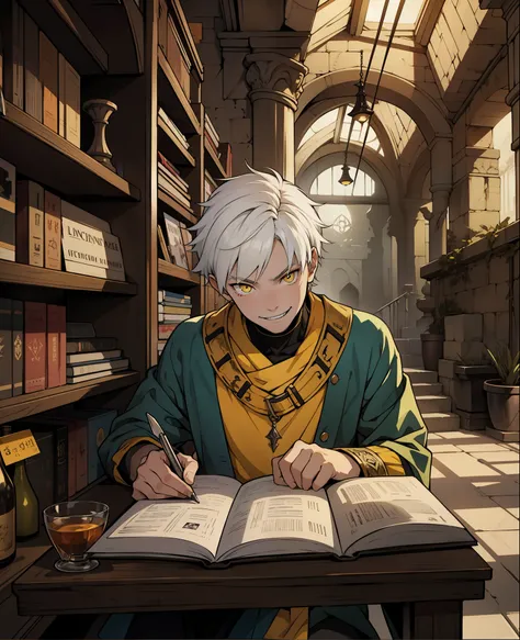 He is a 16 year old boy, they smile with evil, madness with mockery, white hair, yellow eyes.