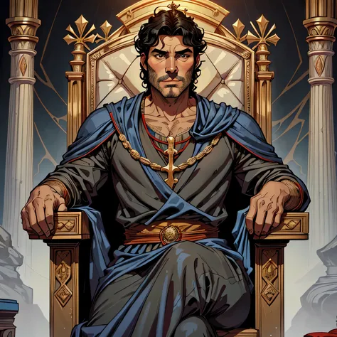 best quality image, man, king, 40 years old, short curly black hair, no beard, sitting on a throne, wearing biblical style royal clothes, expressive face, staring straight ahead, biblical style, Hebrew