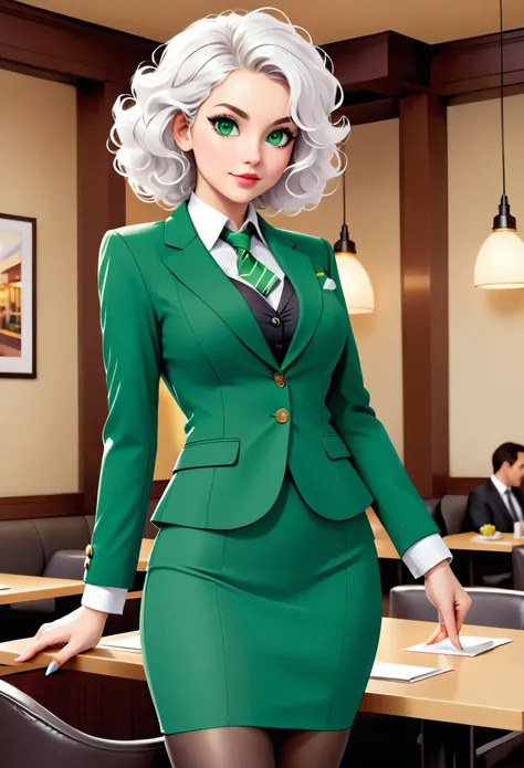 woman, banker, office costume, skirt, pantyhose, jacket, white curly hair, green eyes, sexy, (restaurant:1.2)