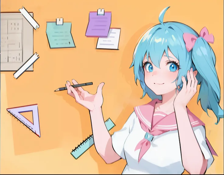 Anime girl with blue hair and pink bow holding a pencil, Anime cute art style, 2 d anime style, in anime style, anime art style, 1980s anime art style, anime style 4 k, in an anime style, high quality anime art style, anime style. 8K, anime background, ani...