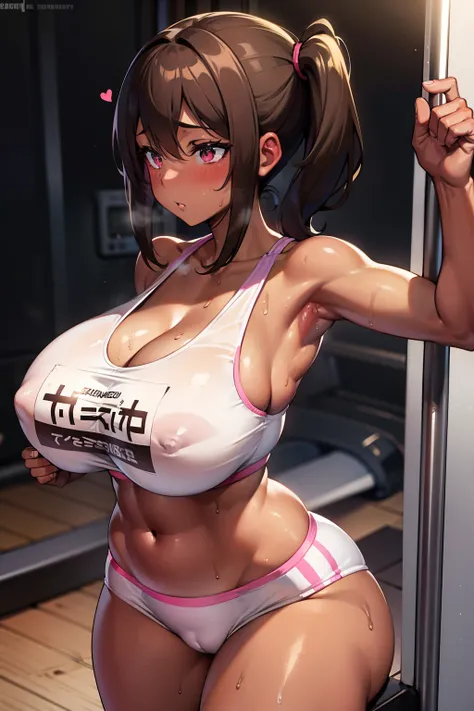 gym, exersice, hot, dark skin, brown skin, brown, sweating, sweaty, big ,brown skin, dark skin,tan, lifting, flustered, blush, black clothes, brown hair, long hair, headphones, brown skin, tan, darkskin, big , headset, white pink shirt, side ponytail, sexy...