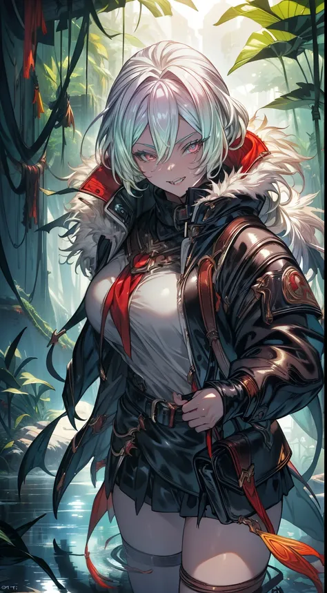 realistic photo of slaved (savage, tribal, jungle)_vampire with (white hair), bat fur, coat|wings, ((fangs)), colorful extremely...