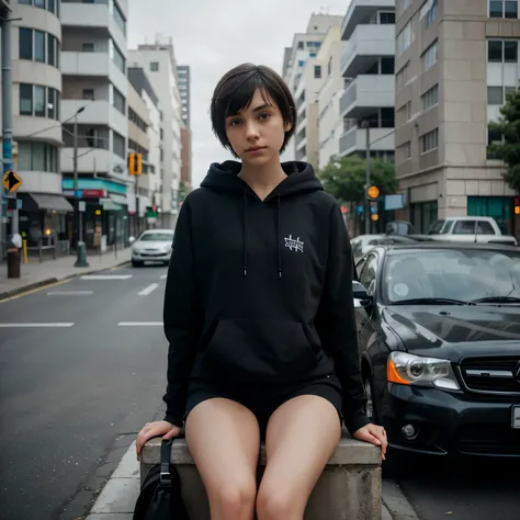 sitting on a car, ((metaphorical photography)), looking to the horizon, ((Monocrhome)), blurred background, dark, (capucha) determined, cute, chiaroscuro, black and white, 90s girl, minimalistic, beautifull, ((photoshot)), wearing a hoodie, black clothes, ...