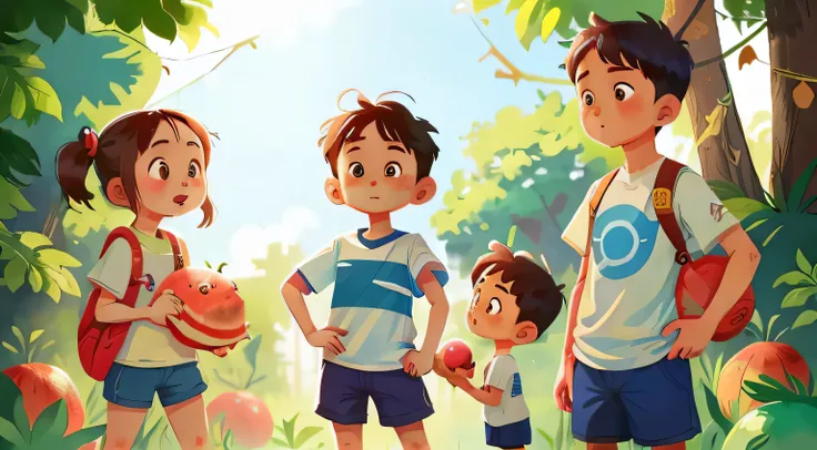  (China) 14-year-old short girl wearing blue shorts and a blue and white T-shirt, Holding a ball of watermelon in hand, And a boy (Chino) Height at 19 years old, Paired with white shirt, The first time they met，The girl was fascinated