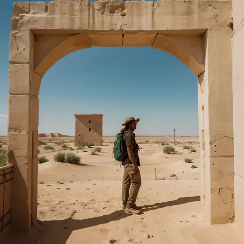 Hombre viendo una ciudad abandonada en el desierto sobre un camello