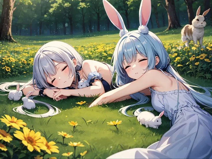 light blue long hair、Cute girl with twin tails、Lying in a flower field in the forest with half-open eyes and a sleepy face、big　The rabbits are watching over the girl.