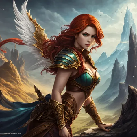 Uma mulher com espada e asas em frente a uma montanha,  do cavaleiro do anjo, like a mystical valkyrie, artegerm , epic fantasy character art, arte de fantasia de alta qualidade, epic fantasy digital art style, arte do personagem de fantasia, female redhea...